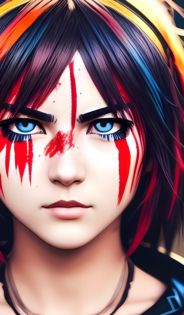 Нарисованная девушка с голубыми глазами с краской на лице