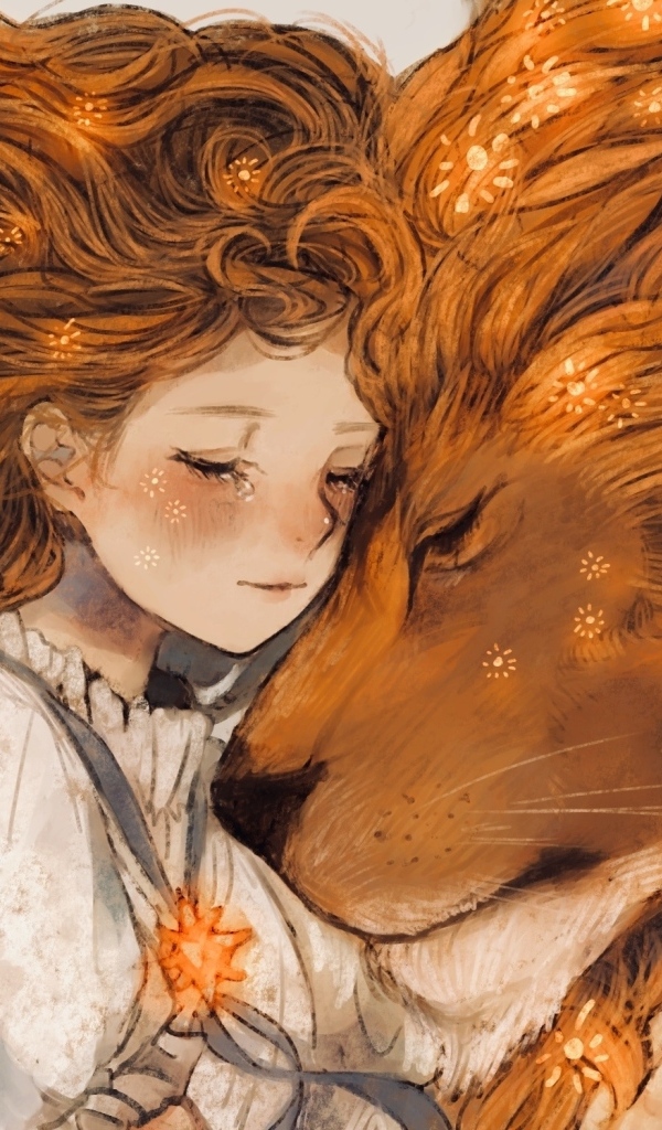 Нарисованная рыжеволосая девушка и лев