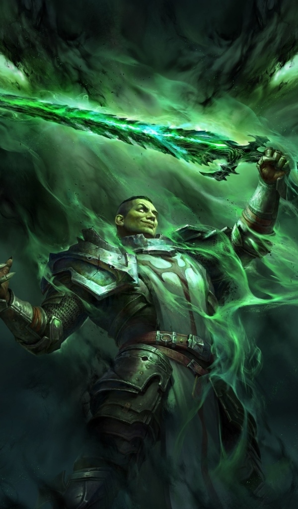 Мужчина с мечом сражается с темными силами