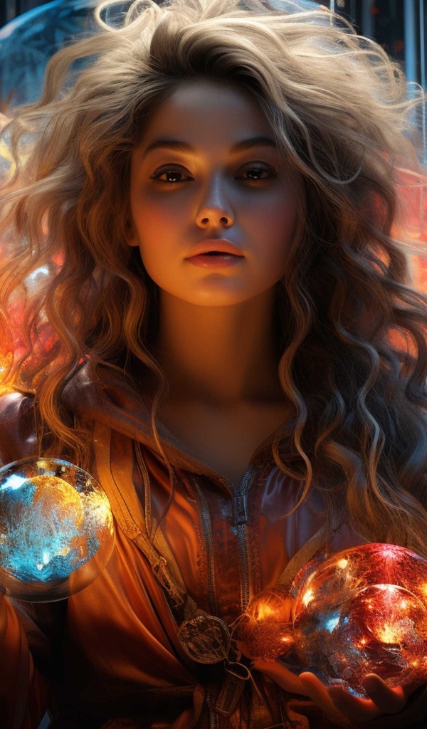 Красивая девушка с фантастическими светящимися шарами