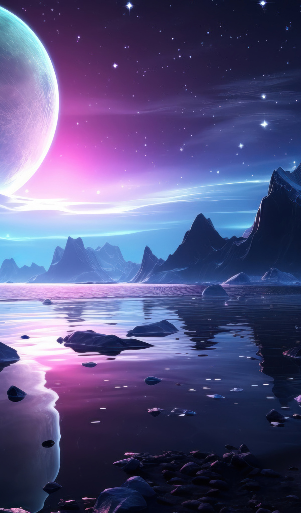 Большая фантастическая луна в небе над озером