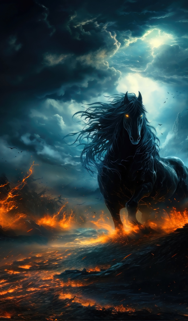 Черный фантастический конь на огненной земле