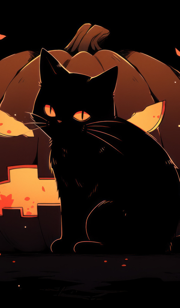 Черный котенок на фоне фонаря из тыквы