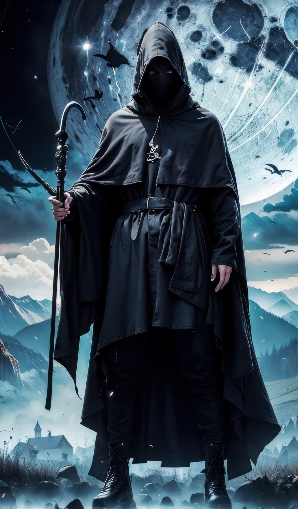 Черный маг в плаще на фоне луны