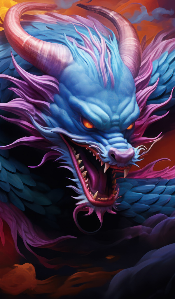 Синий нарисованный китайский дракон