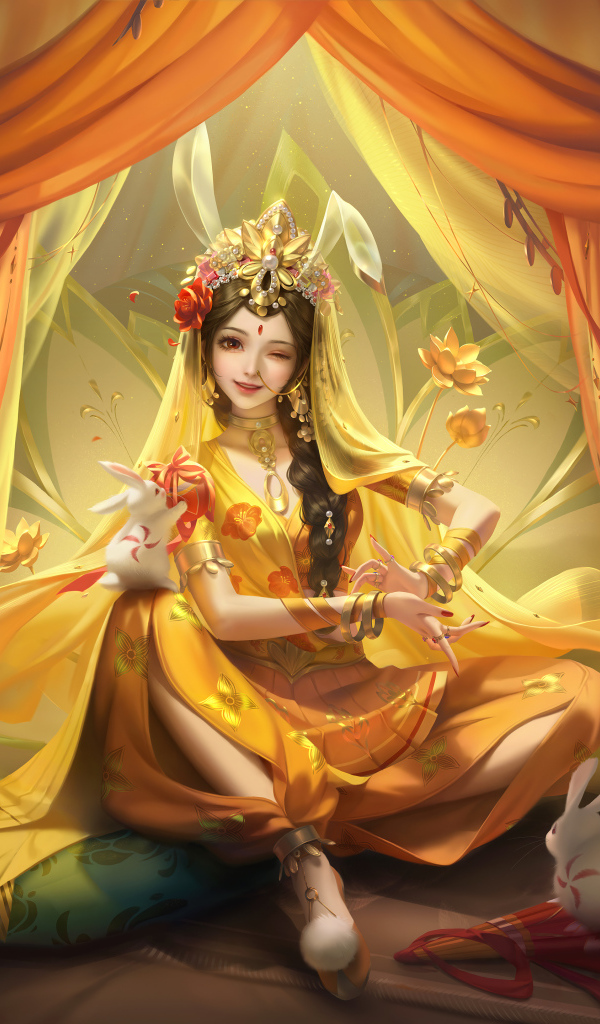 Фантастическая девушка азиатка сидит в шатре