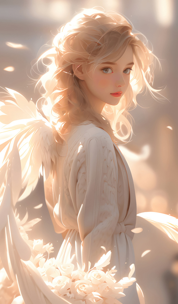 Фантастическая девушка ангел с белыми крыльями