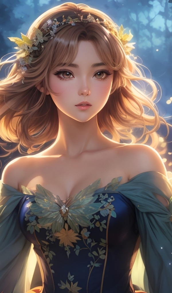 Фантастическая девушка в красивом платье в лесу