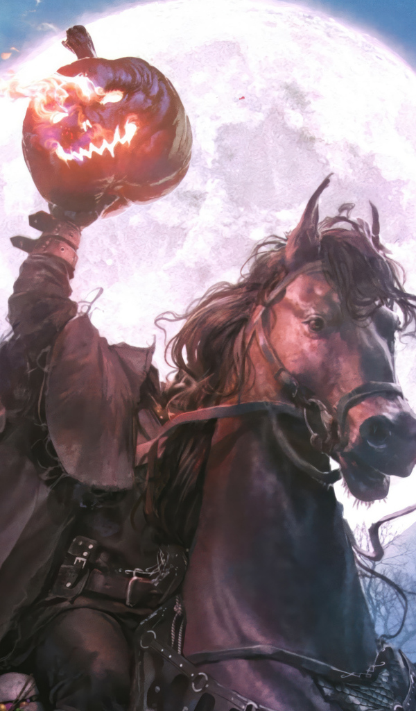 Фантастический всадник без головы с тыквой в руках