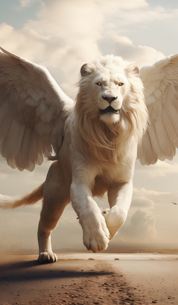 Фантастический лев с белыми крыльями