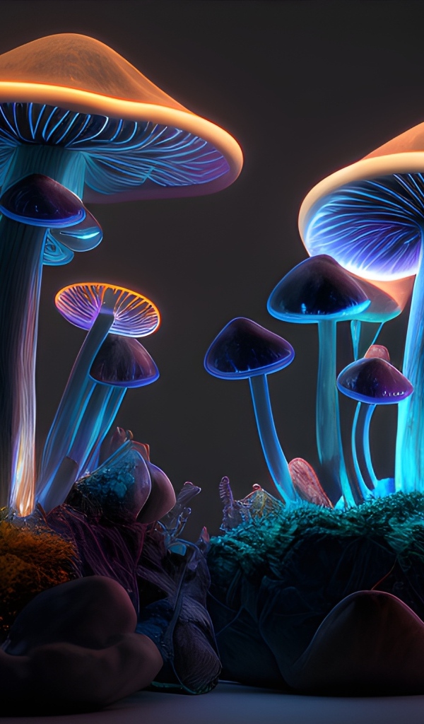 Фантастические неоновые грибы на сером фоне