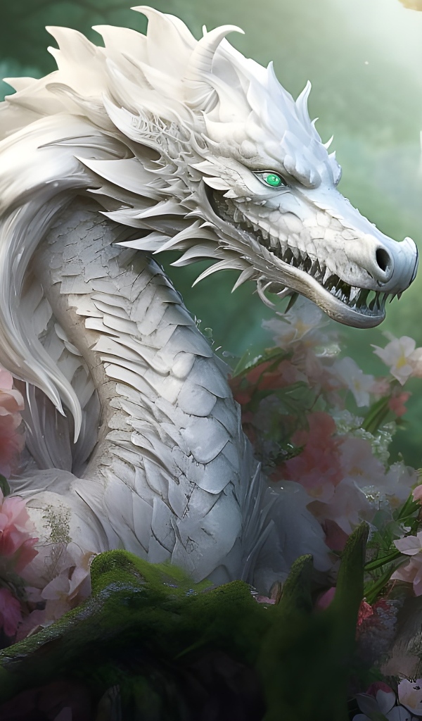 Фантастический белый дракон в розовых цветах