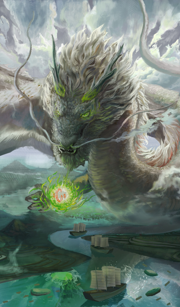 Фантастический дракон над рекой