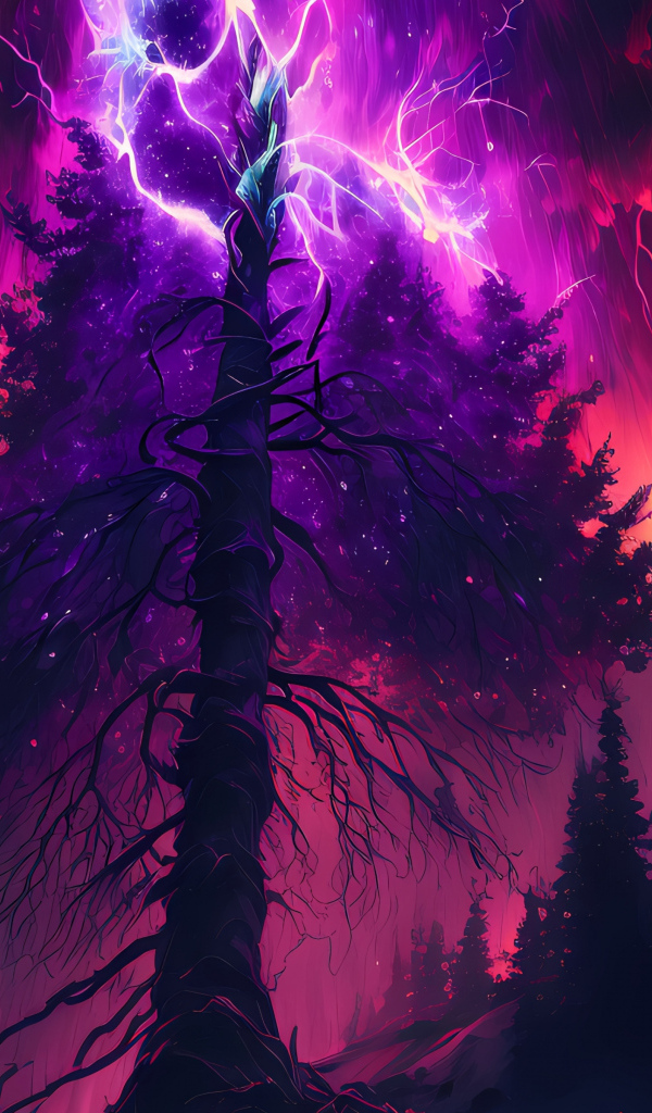 Молния разрывается над старым деревом