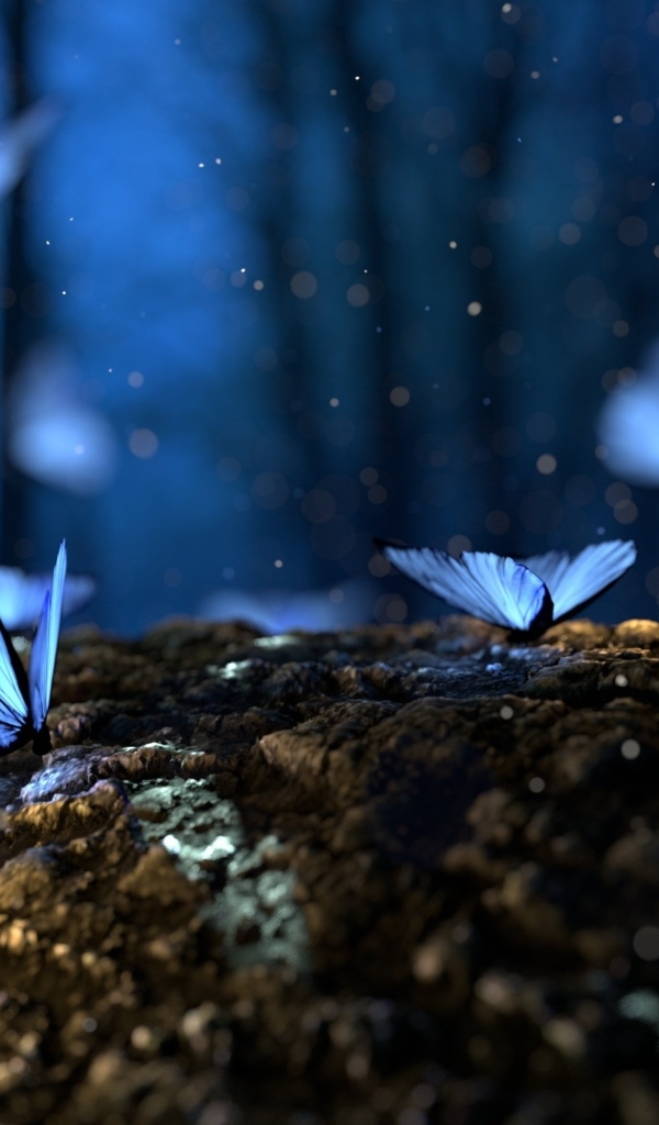 Волшебные голубые бабочки летают в лесу над грибами