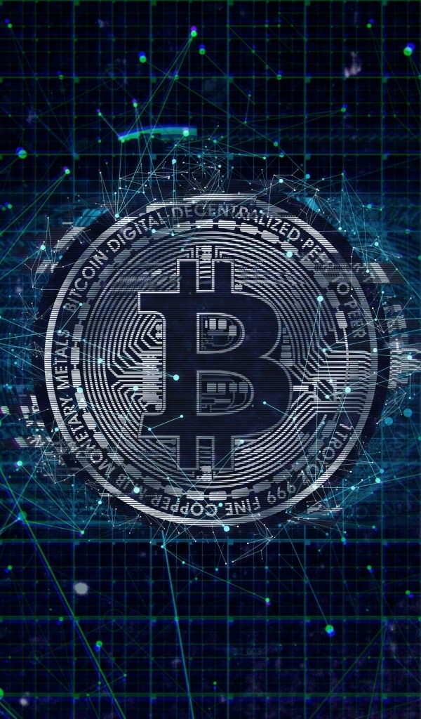 Монета биткоин на фоне всемирной паутины