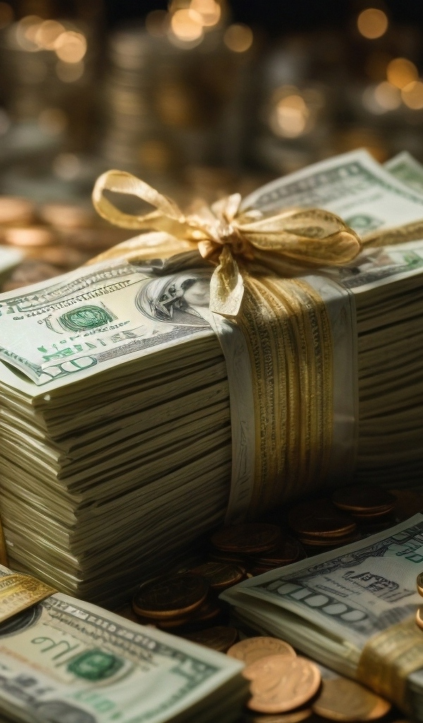 Пачки долларов с монетами перевязаны бантом