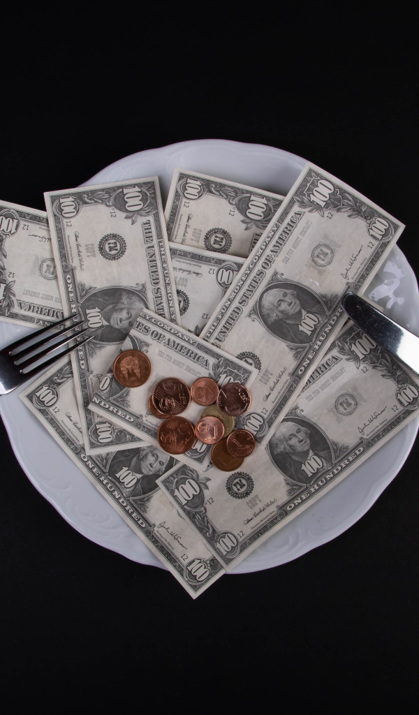 Тарелка с долларами на черном фоне