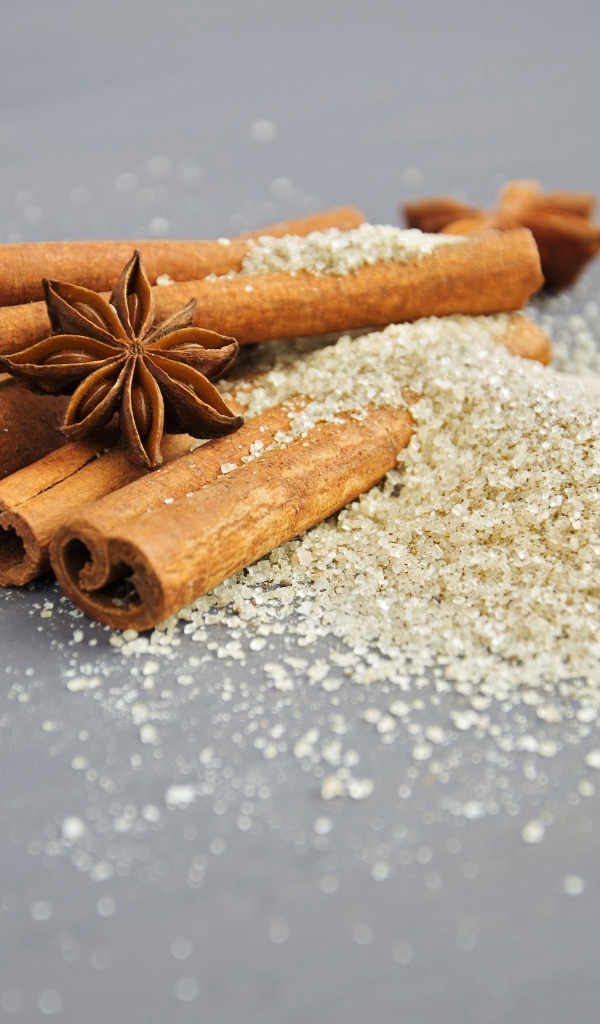 Корица, коричневый сахар и бадьян на сером фоне