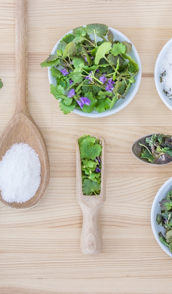 Ароматные травы на столе с солью