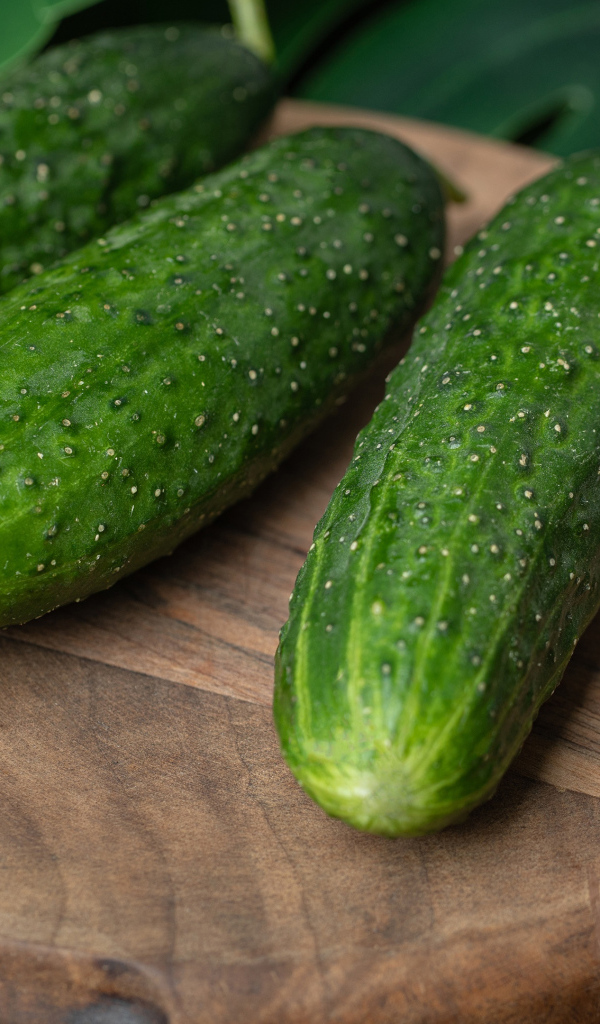 Свежие зеленые огурцы на деревянной доске