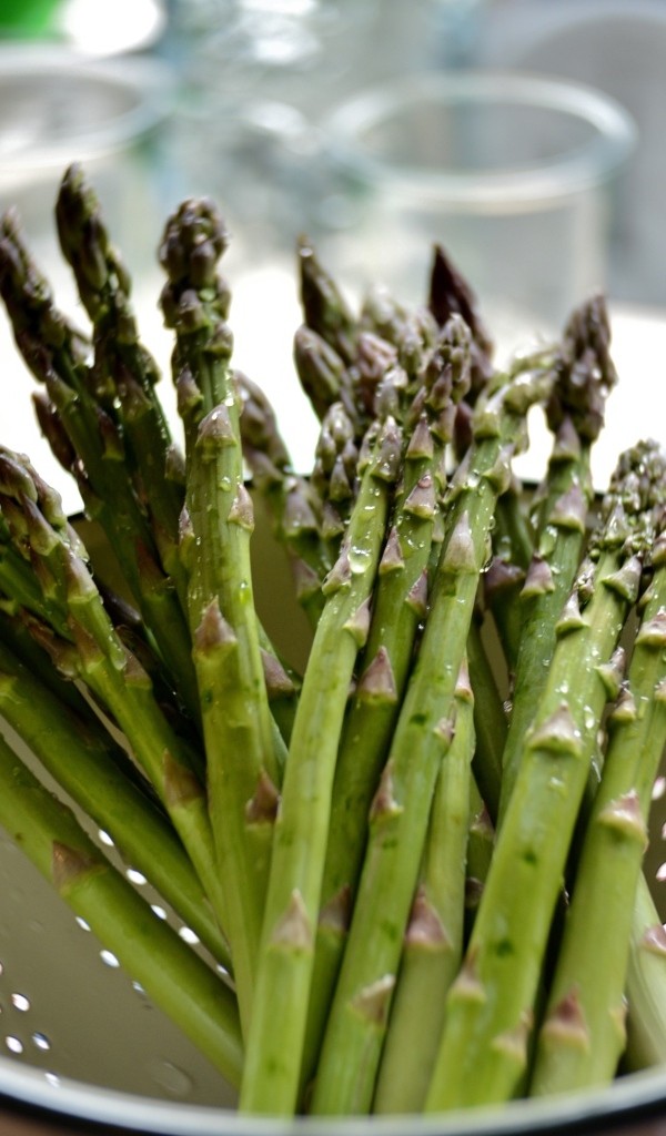 Зеленые стебли спаржи в кастрюле