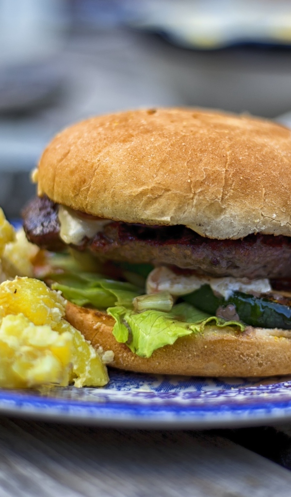 Гамбургер на тарелке с картофелем