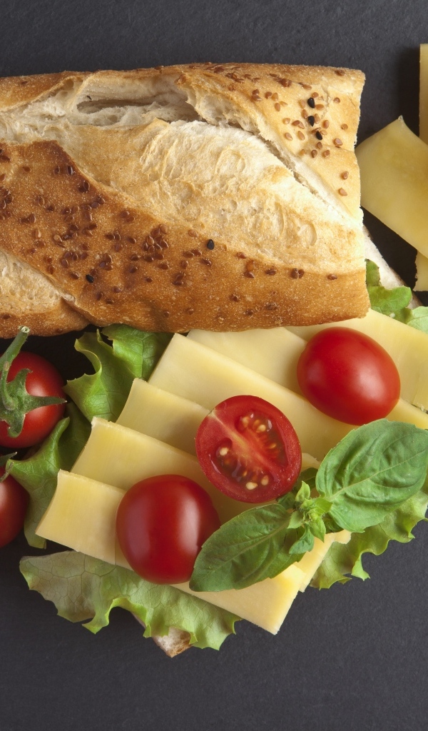 Батон с сыром и помидорами на сером фоне