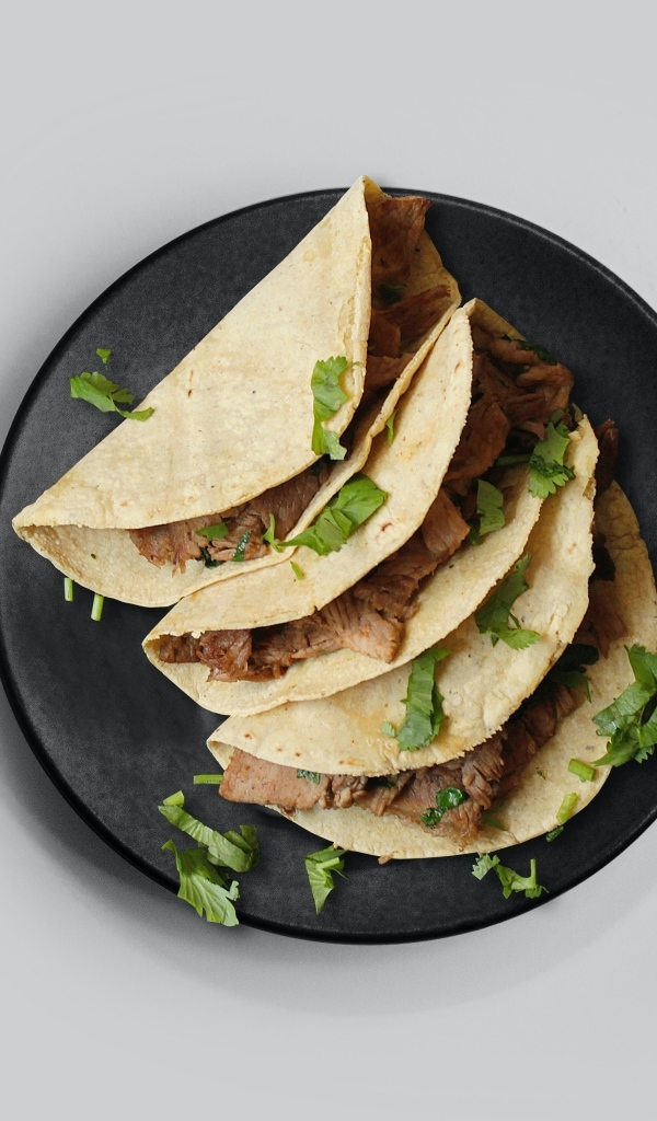 Блюдо тако в тарелке на сером фоне