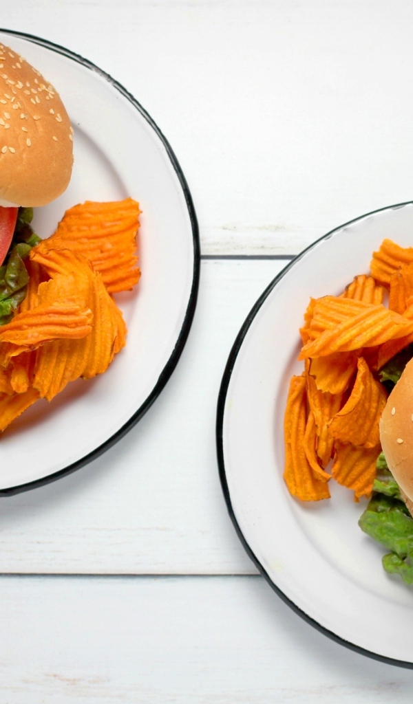 Два гамбургера на тарелке с чипсами