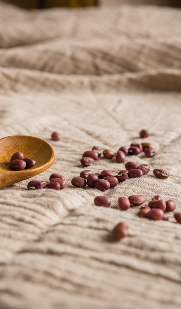 Деревянная ложка на скатерти с фасолью 