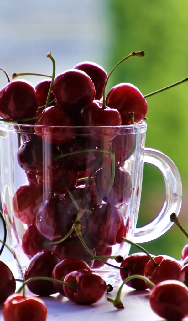 Красные черешни в стеклянной чашке 