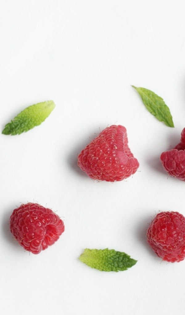 Красная малина с зелеными листьями на белом фоне