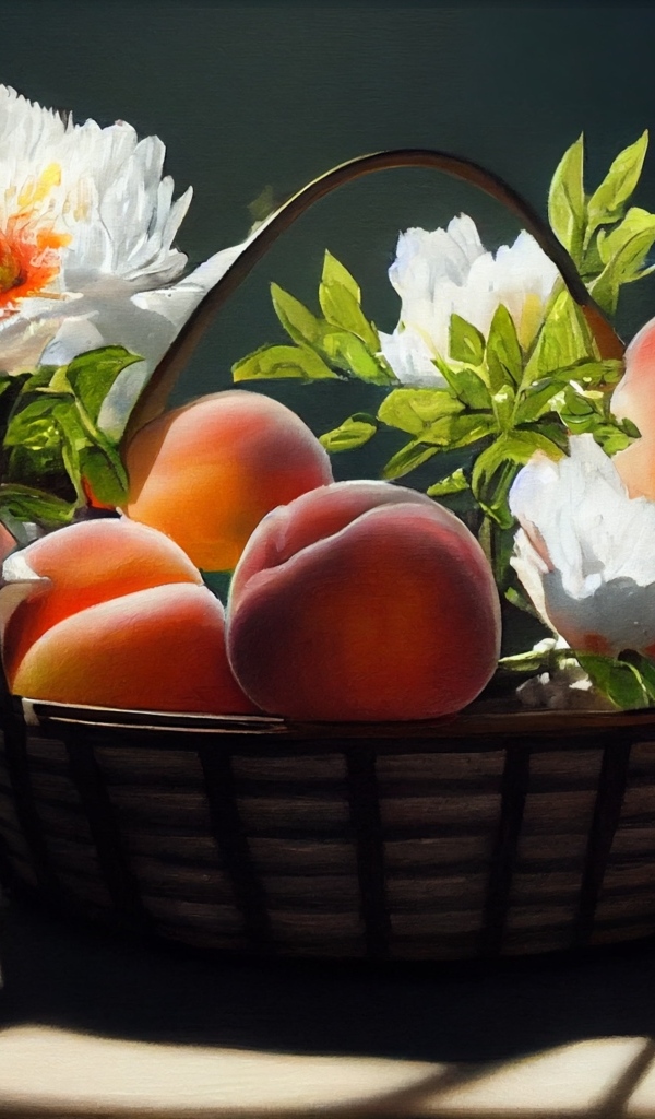 Спелые сладкие персики в корзине с цветами