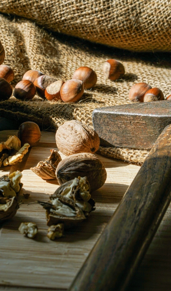 Грецкие орехи и фундук на столе с молотком