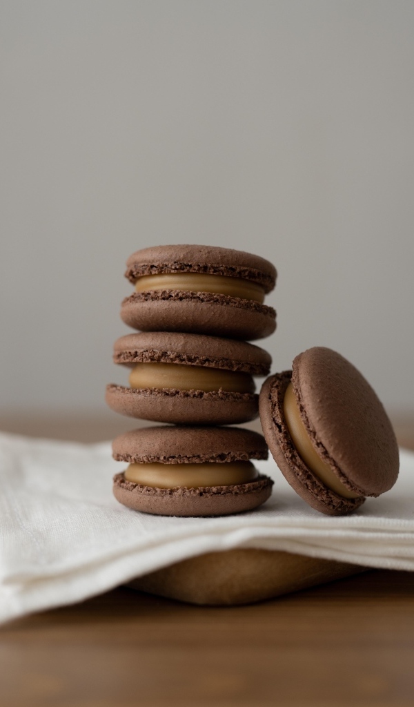 Шоколадный десерт макаронс на столе с салфеткой