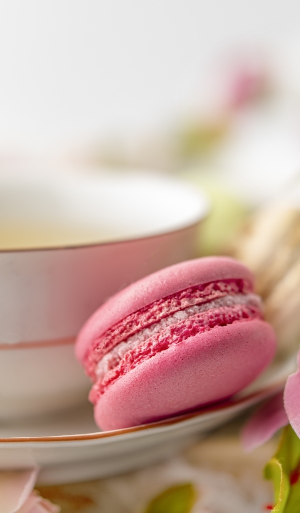 Чашка чая с десертом макарун и цветами розы