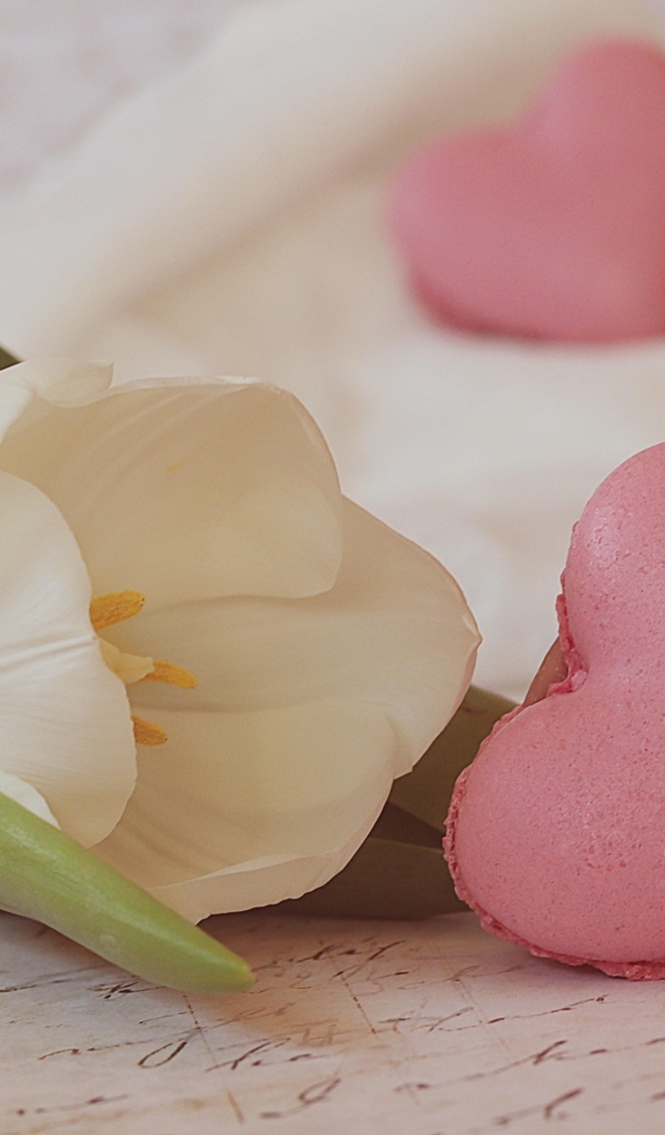 Десерт макарун в форме сердца на столе с тюльпаном