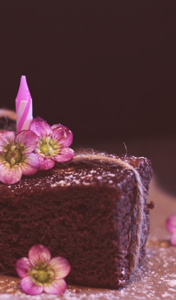 Кусок десерта брауни с цветами