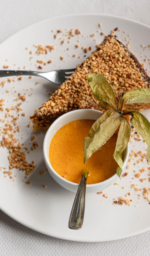 Кусок торта на белой тарелке с соком 