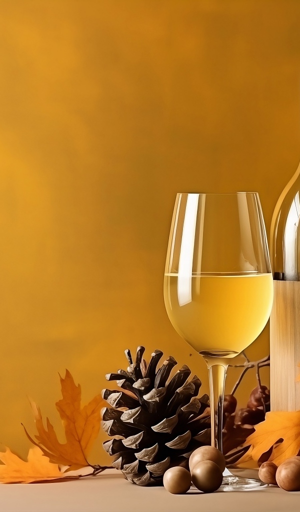 Бутылка вина и бокал на столе с шишками и желудями