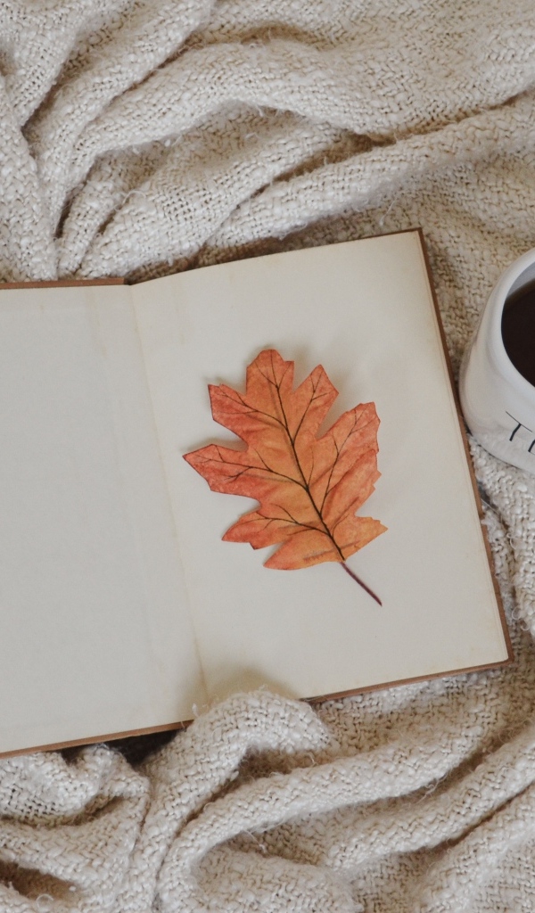 Книга, желтый лист и чашка кофе с пледом