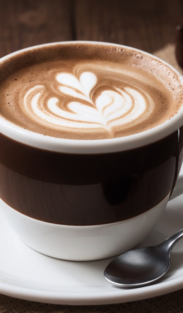 Чашка кофе с рисунком на пене на столе с конфетами