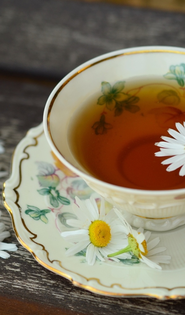 Чашка чая с цветами ромашки на столе