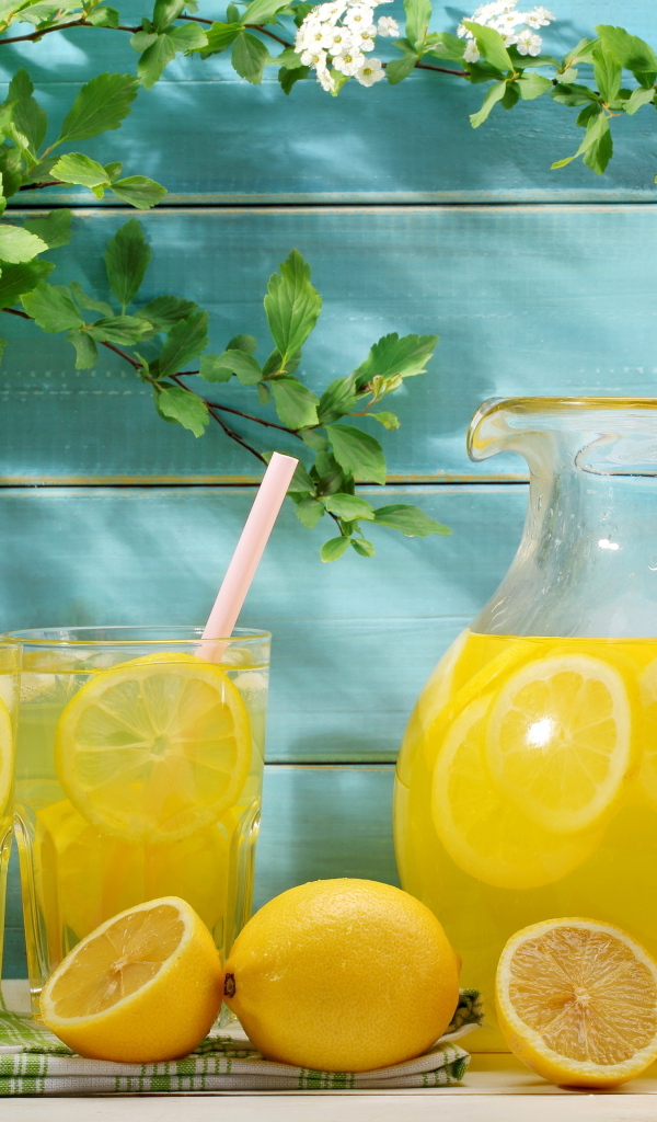 Графин с лимонадом на столе с фруктами