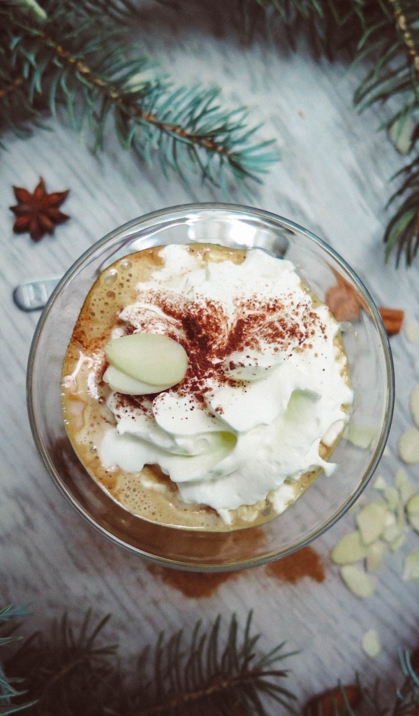 Горячий кофе с взбитыми сливками в чашке на столе с еловыми ветками