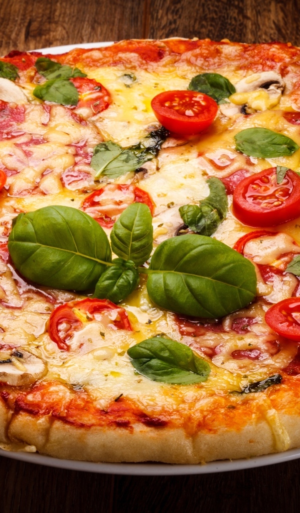 Пицца с сыром, базиликом и грибами