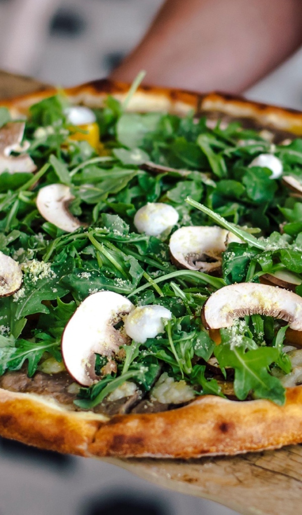 Пицца с грибами и листьями рукколы