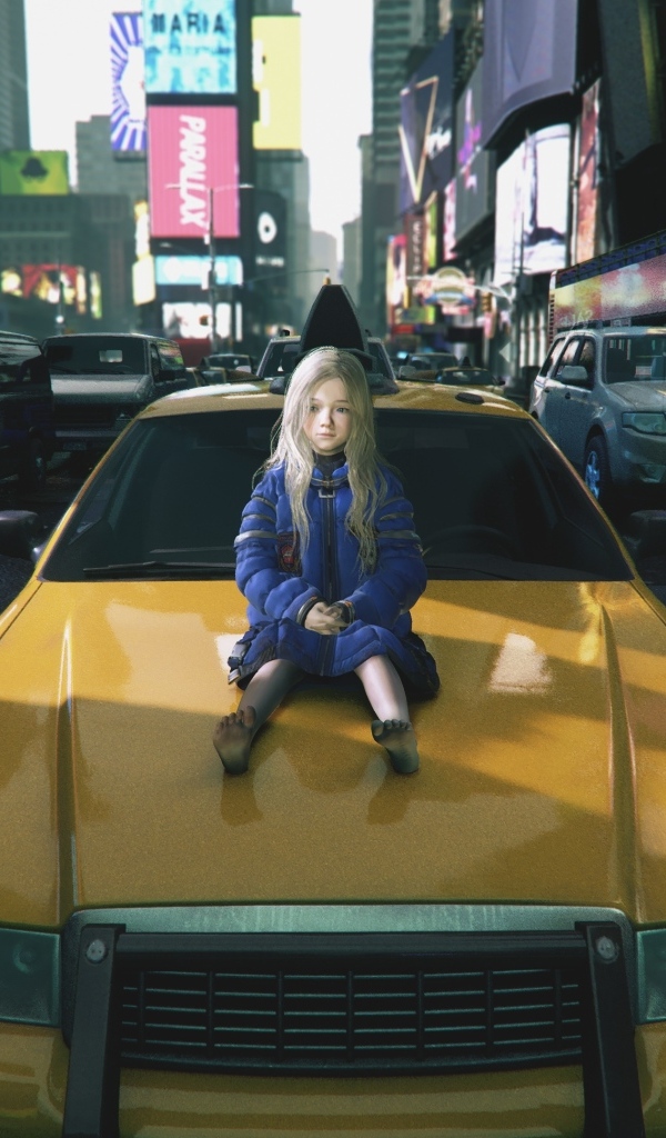 Маленькая девочка сидит на автомобиле, компьютерная игра Pragmata