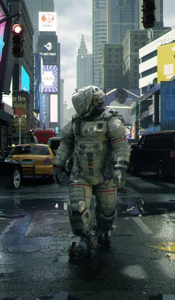 Мужчина астронавт в городе, компьютерная игра Pragmata